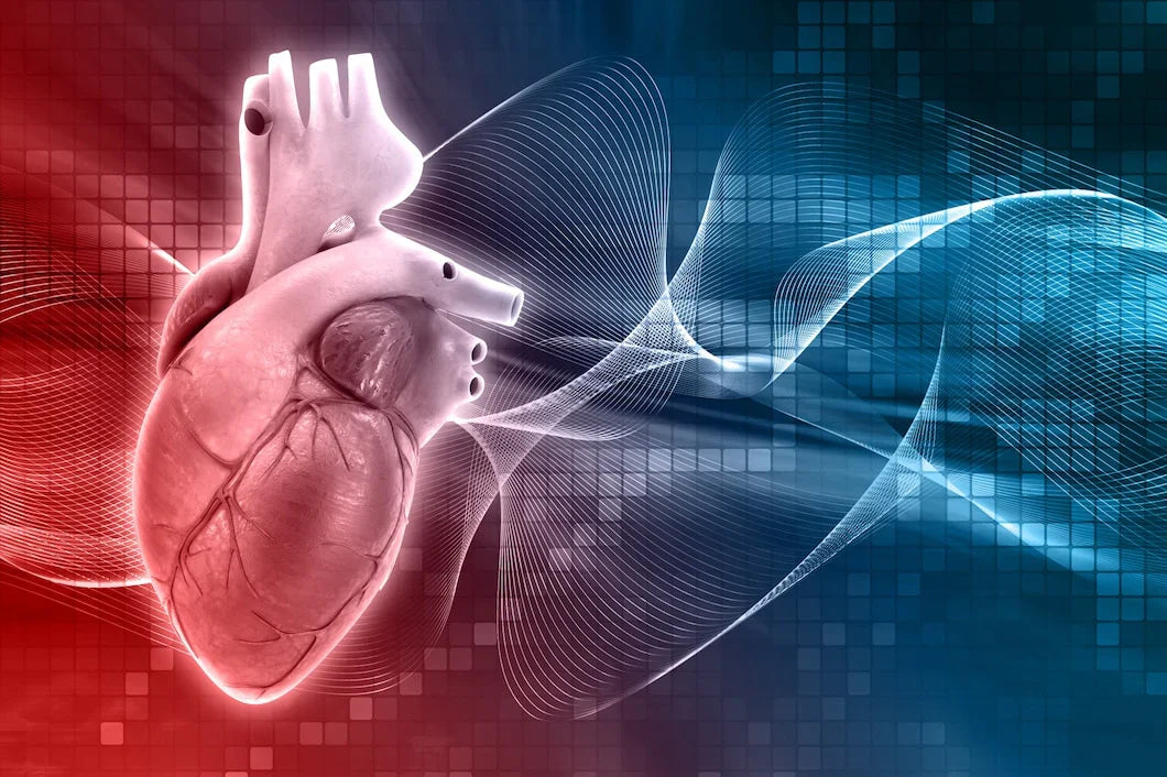 A digital illustration of a human heart with a futuristic background, symbolizing cardiovascular health and blood circulation, and the benefits of Nattokinase.