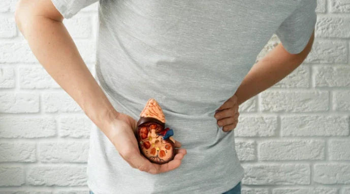 Man holding lower back with kidney model, indicating pain—exploring natural remedies for calcium deposits in the kidneys.