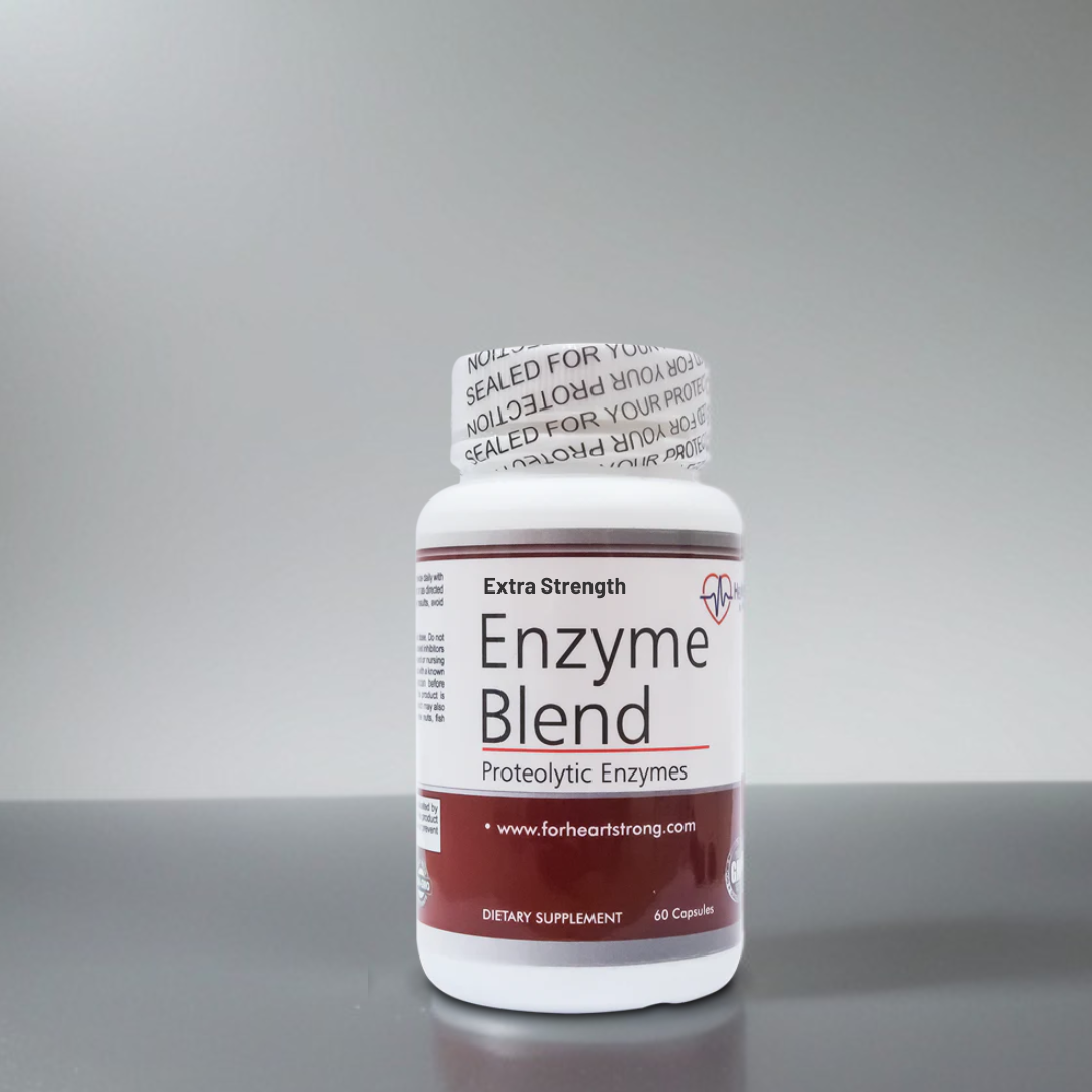 HeartStrong Extra-Strength Enzyme Formula designed for targeted health support, featuring a blend of proteolytic enzymes with double-strength Nattokinase and Serrapeptase.